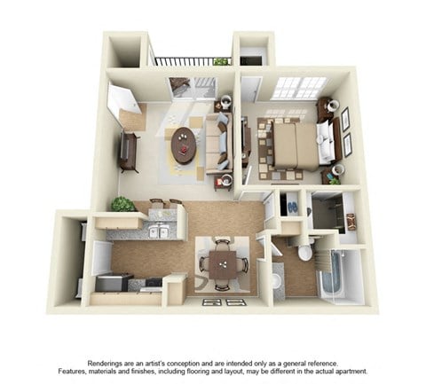 Floor plan for 1 bed, 1 bath, 630 sqft